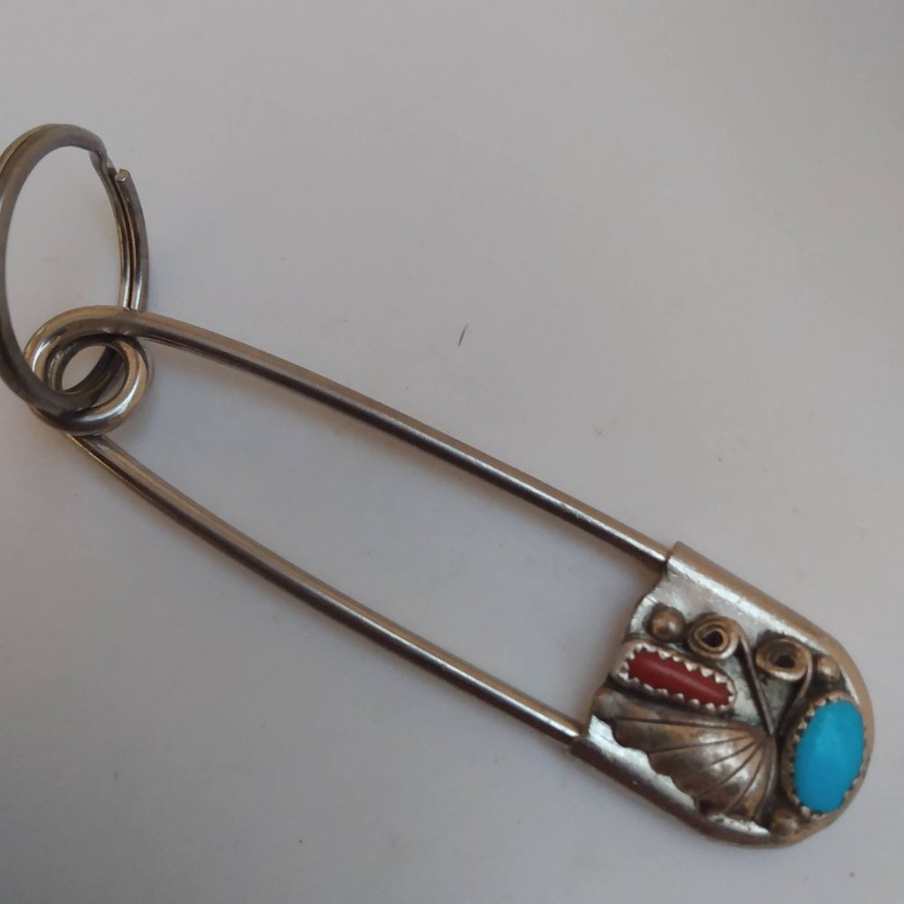Turquoise Blue Coral Southwestern Sterling Safety Pin Keychain Charm Accessory